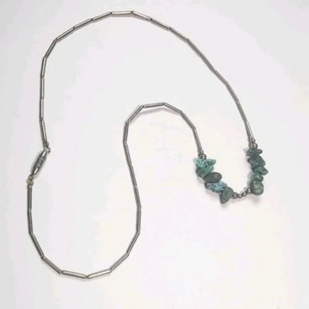 Vintage Native American Indian Liquid silver w/10 turquoise stones‎ necklace 17